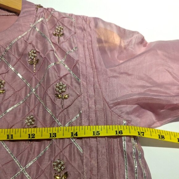 Chic Pink Embroidered Kurta Suit With Floral Bead Design - Size SM New - Picture 2 of 7